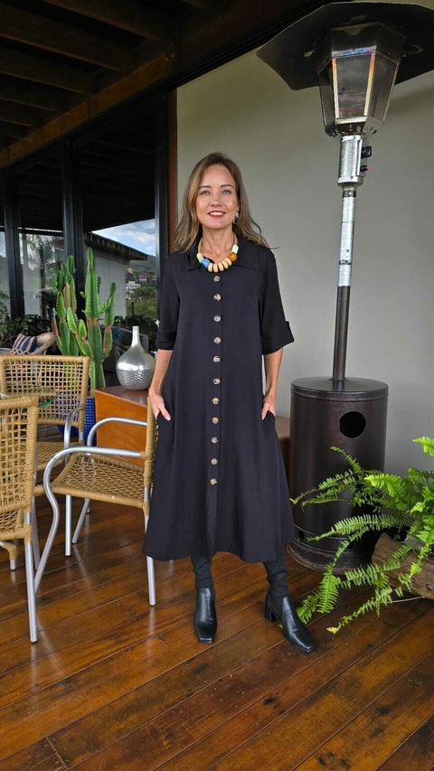 VE-0855- Vestido Elise em viscose tipo chemise midi preto - comprar online