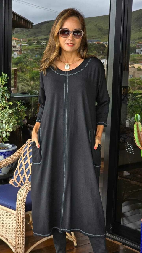 VE-0854- Vestido Gabrielle preto com pespontos branco - comprar online