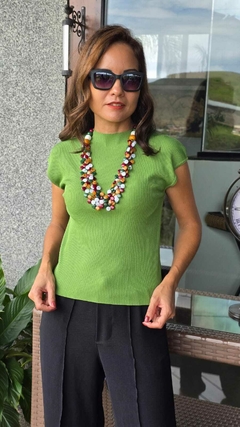 BS-0843- Blusa modal canelada verde, meia manga - loja online