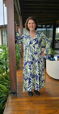 VE-0852- Vestido Iara em viscose com estampa verde e azul, modelo 3 Marias longo - loja online