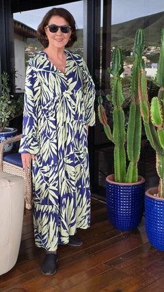 VE-0852- Vestido Iara em viscose com estampa verde e azul, modelo 3 Marias longo - Kelch