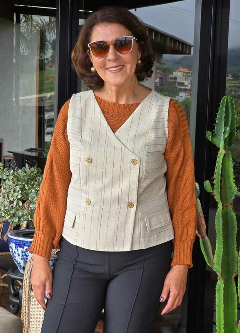 CS-0305 - Colete linho listrado fundo cru 4 botoes - comprar online