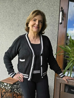 CJ-0193- Conjunto twin set em tricot preto/off-white modelo colegial - loja online