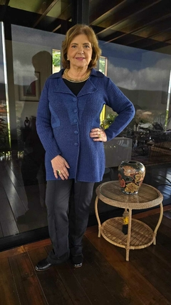 CS-0323 - Casaco tricot marinho com gola e 5 botões cobertos - Kelch