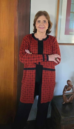 CS-0311 - Cardigan tricot de lã xadrez terracota/preto aberto sem gola - Kelch