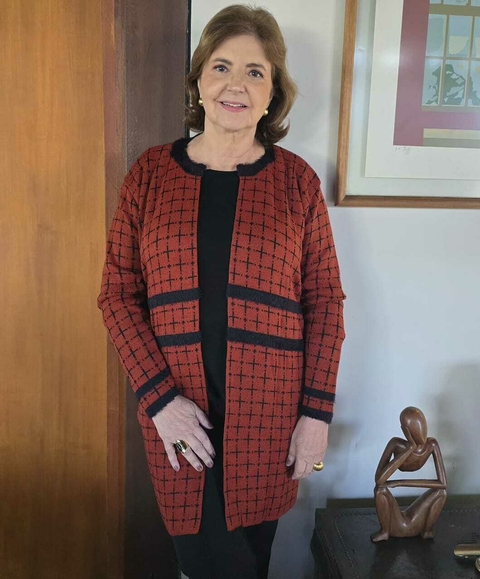 CS-0311 - Cardigan tricot de lã xadrez terracota/preto aberto sem gola - comprar online