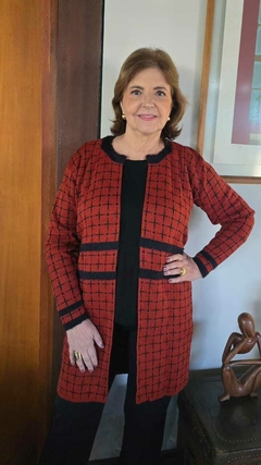 CS-0311 - Cardigan tricot de lã xadrez terracota/preto aberto sem gola na internet