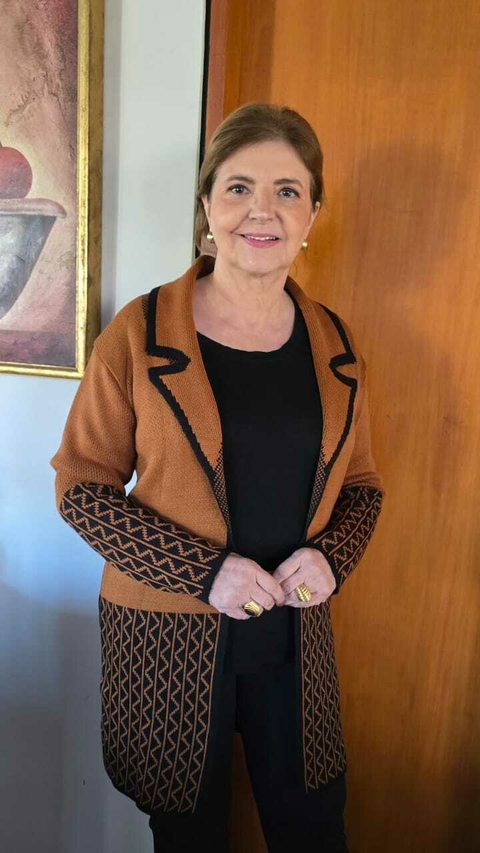 CS-0312- Cardigan tricot de lã ocre/preto barrado, aberto, com gola - comprar online