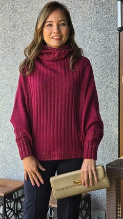 BS-0860-IK - Blusa- poncho em tricot de lã marsala com gola/barra e punhos com fios de lurex na internet