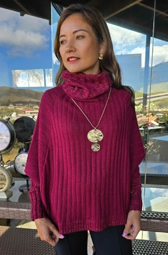 BS-0860-IK - Blusa- poncho em tricot de lã marsala com gola/barra e punhos com fios de lurex - loja online