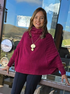 BS-0860-IK - Blusa- poncho em tricot de lã marsala com gola/barra e punhos com fios de lurex - Kelch