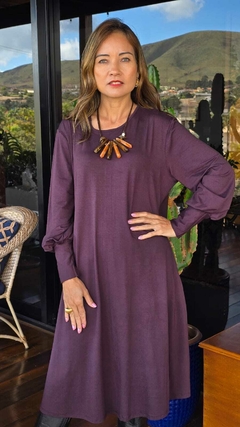 VE-0862B- Vestido Ada longo, manga bufante punho largo marrom - comprar online