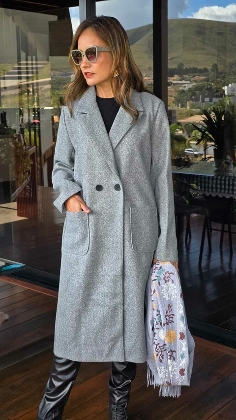 CS-0324 - Casaco longo lã batida cinza claro 2 botoes pretos - comprar online