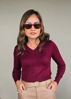 BS-0850B - Blusa básica ML tricot modal decote V, marsala na internet
