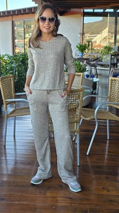 CJ-0199- Conjunto calça/blusa ML malha canelada bege - comprar online