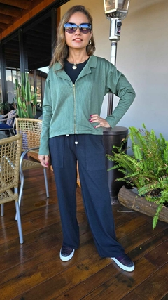 CJ-0201- Conjunto 2 peças calça preta /casaqueto risca de giz verde e preto - Kelch