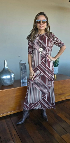 VE-0865- Vestido viscolycra estampa geometrica marrom e off - loja online