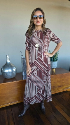 VE-0865- Vestido viscolycra estampa geometrica marrom e off - Kelch
