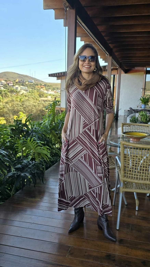 VE-0865- Vestido viscolycra estampa geometrica marrom e off - comprar online