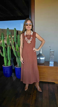VE-0863- Vestido longo linho tipo regata marrom - loja online