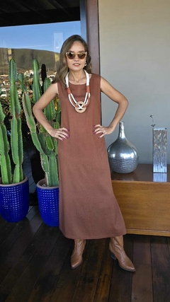 VE-0863- Vestido longo linho tipo regata marrom - Kelch