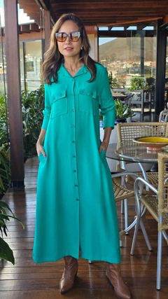 Imagem do VE-0866- Vestido chemise em tecido marrant verde bandeira