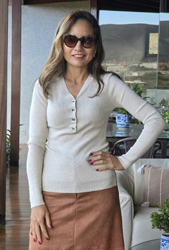 Imagem do BS-0871 - Blusa tricot lanzinha bege manga longa botões travinha