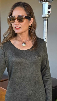 BS-0873A- Blusa tricot de linha verde escuro 1 bolsinho e decote quadradinho - loja online