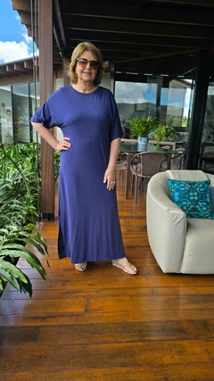 VE-0861- Vestido longo marinho manga raglan 3/4 recorte - Kelch