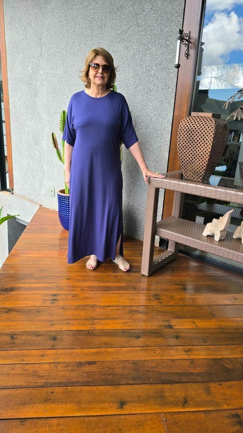 VE-0861- Vestido longo marinho manga raglan 3/4 recorte - comprar online