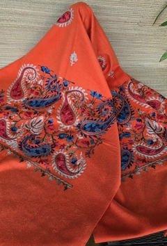 EC-0193C- Pashimina lã laranja bordados coloridos cashemere largo nas pontas - loja online