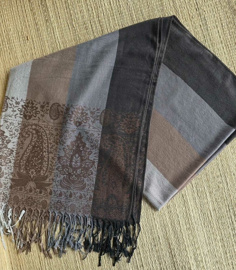 EC-0203- echarpe de viscose listras largas marrom/ cinza/ bege e barrado discreto - comprar online