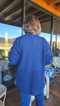 CS-0344 - Cardigan tricot trabalhado e detalhes losangos nas mangas, marinho - Kelch