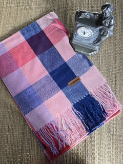 EC-0208C- Echarpe lã Ming xadrez azul e tons rosa - comprar online