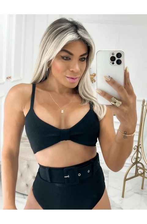 Biquíni Canelado Atoalhado Hot Pant Cinto