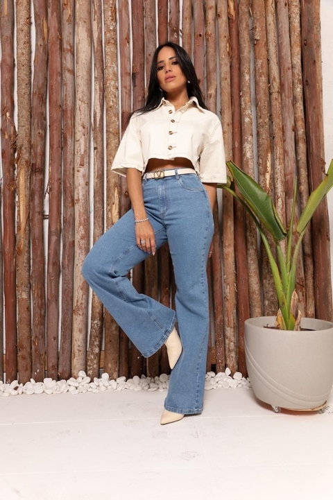 Calça Wide Leg Jeans com Elastano Lavagem Escura