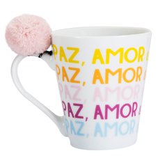 CANECA COM POMPOM - PAZ AMOR E COISAS BOAS