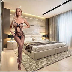 Macacão arrastão laço cetim meia-calça bodystocking abertura intima lingerie fishnet luxo alta elasticidade mc15428pmg - comprar online