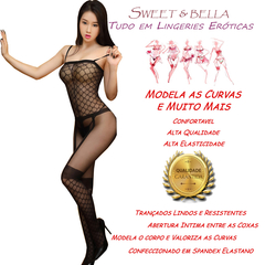 Body stocking micro tela lingerie fina feminina macacão arrastão sensual transparencia com abertura intima mc8607pmg - comprar online