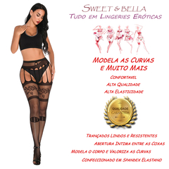 Imagem do Meia calça arrastão 7/8 com cinta liga fixa integrada lingerie sensual feminina com abertura Intima mc91110503pmg