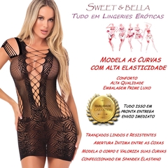 Vestido arrastão com decote profundo camisola babydoll feminino lingerie sensual bodystocking mini dress mc7117pmg - comprar online
