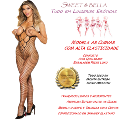 Lingerie feminina meia calça sedutora macacão arrastão bodystocking fishnet com abertura Intima mc6601pmg - Sweet & Bella