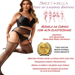 Meia calça arrastão plus size com cinta liga integrada lingerie strappy feminina sedutora abertura intima mc91115406plus - comprar online