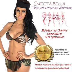 Conjunto lingerie sensual com mini saia camuflada e transparência mini fantasia militar patriota cod59 - Sweet & Bella