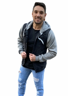 Campera de Jeans negra con mangas Jogging gris - comprar online