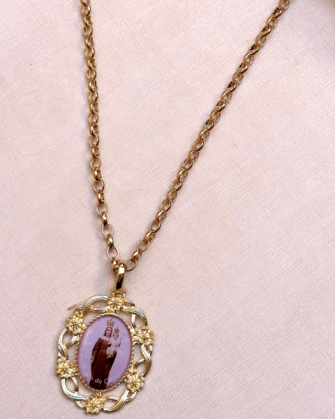 Colar Corrente elo Português Medalha Vintage Religiosa