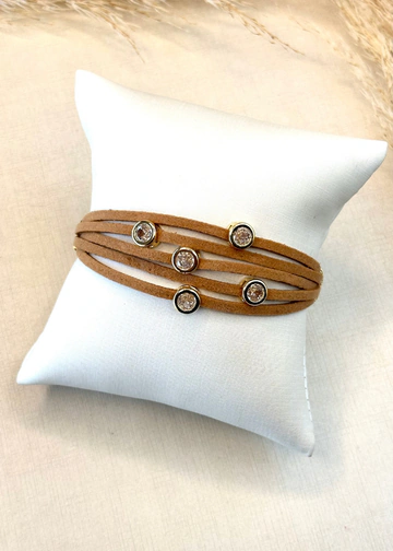Pulseira Couro e Strass Dourada