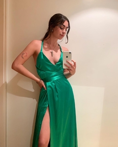 vestido saten verde benneton