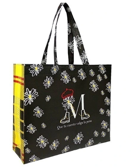 BOLSA LAMINADA 30X34X10 MARGARITA NEGRA/AMARILLA