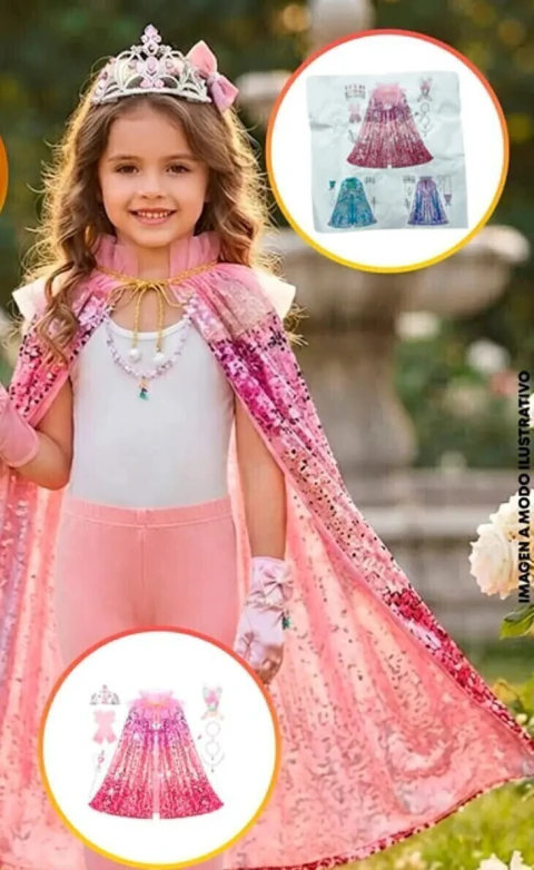 DISFRAZ SIRENA DELUXE ROSA/FUCSIA (CAPA/BIJOUTERIE/CORONA/CETRO/MONEDERO/GUANTES) SET 9PCS